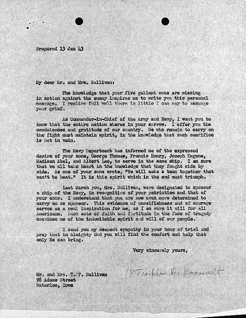 FDR letter fo Sullivan family